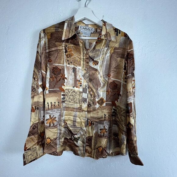 Vintage Carlisle Womens 100% Silk Abstract Print Button-Down Shirt Size 12 Brown - Picture 1 of 8